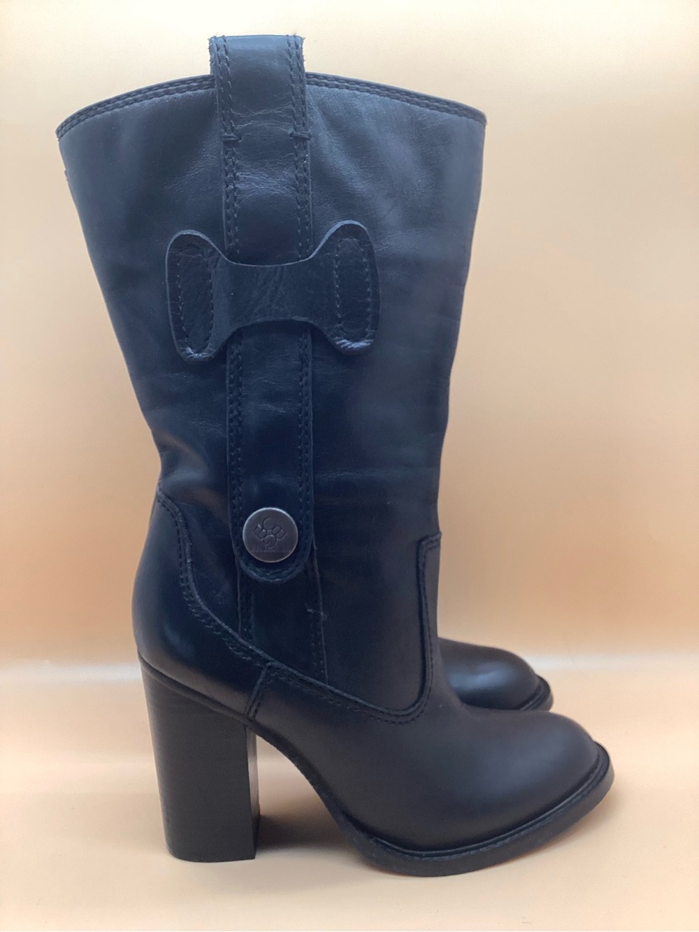 BCBGeneration Black Mid-Calf Leather Block Heeled Calf Boots Size 8.5